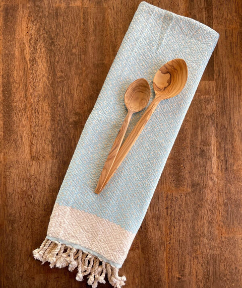 Set of 1 Olive Kitchen Towel + 2 Olive Spoons - Light Blue