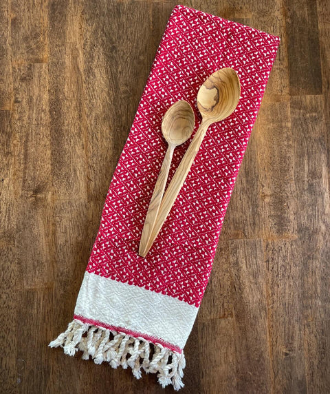 Set of 1 Olive Kitchen Towel + 2 Olive Spoons - Red